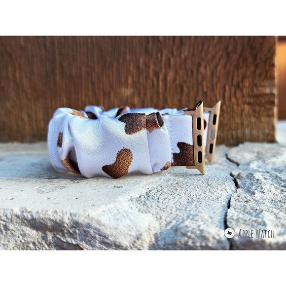 Brown Cow Print Scrunchie Watch Band for Fitbit Sense, Versa 3 2 1, Apple Watch - Picture 6 of 8